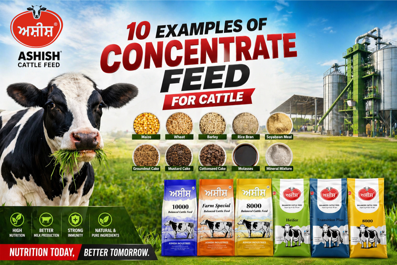 concentrate feed for cattle examples showing maize, soybean meal and grains