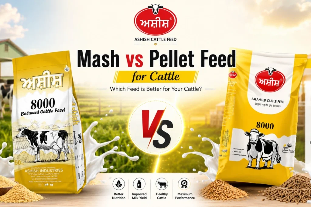 Mash vs pellet feed for cattle comparison for better milk production