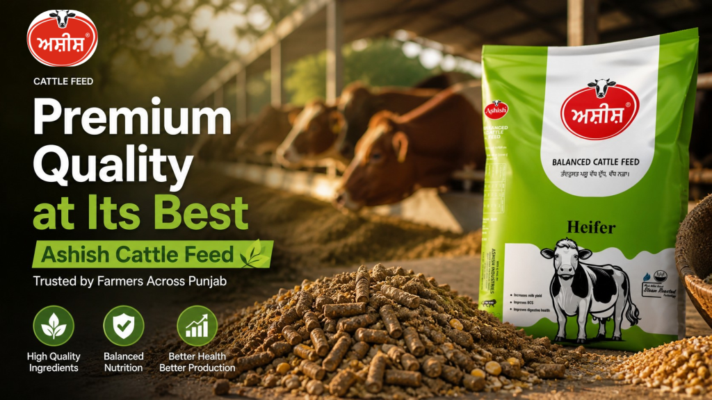 High-quality cattle feed pellets with Ashish Cattle Feed bag and cows in background showing premium nutrition