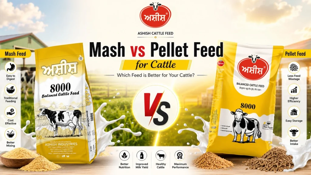 Mash vs pellet feed for cattle comparison for better milk production