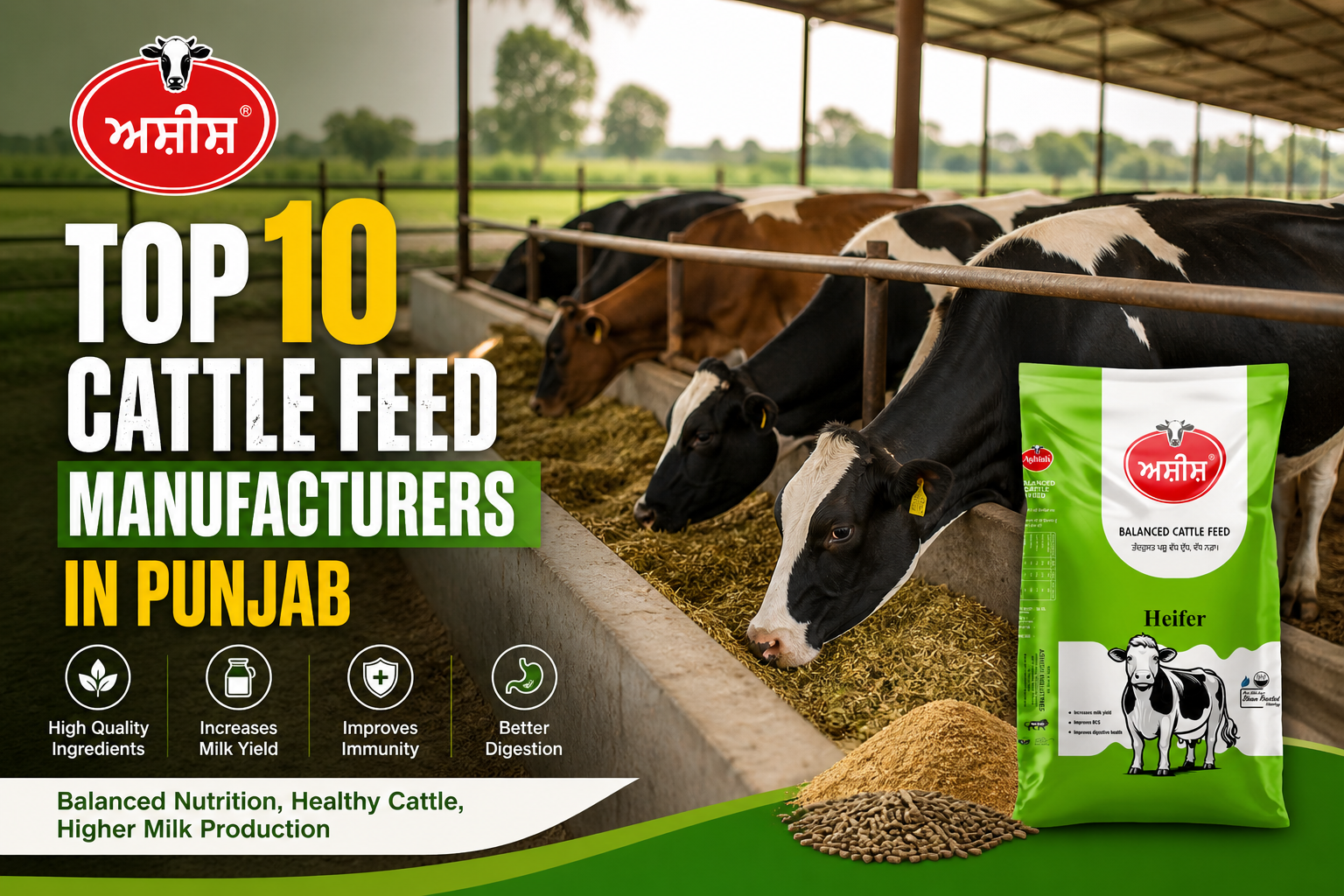 Cows eating cattle feed in a farm shed with Ashish Cattle Feed product bag and logo, representing top cattle feed manufacturers in Punjab
