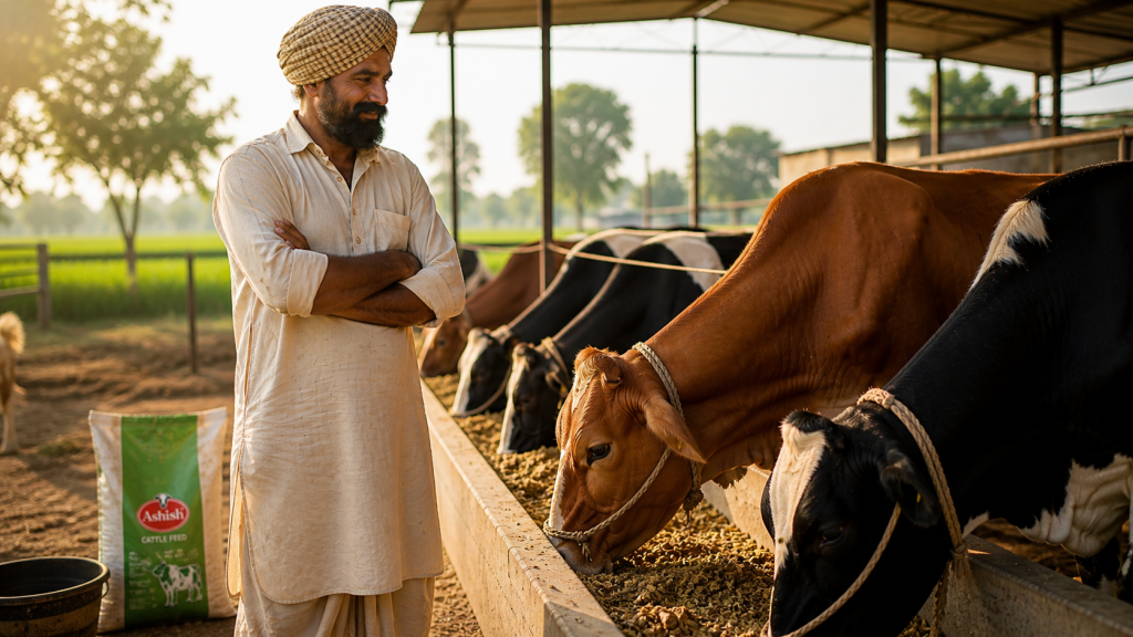 Punjab farmer observing healthy cows eating feed in a dairy farm with Ashish Cattle Feed bag placed nearby