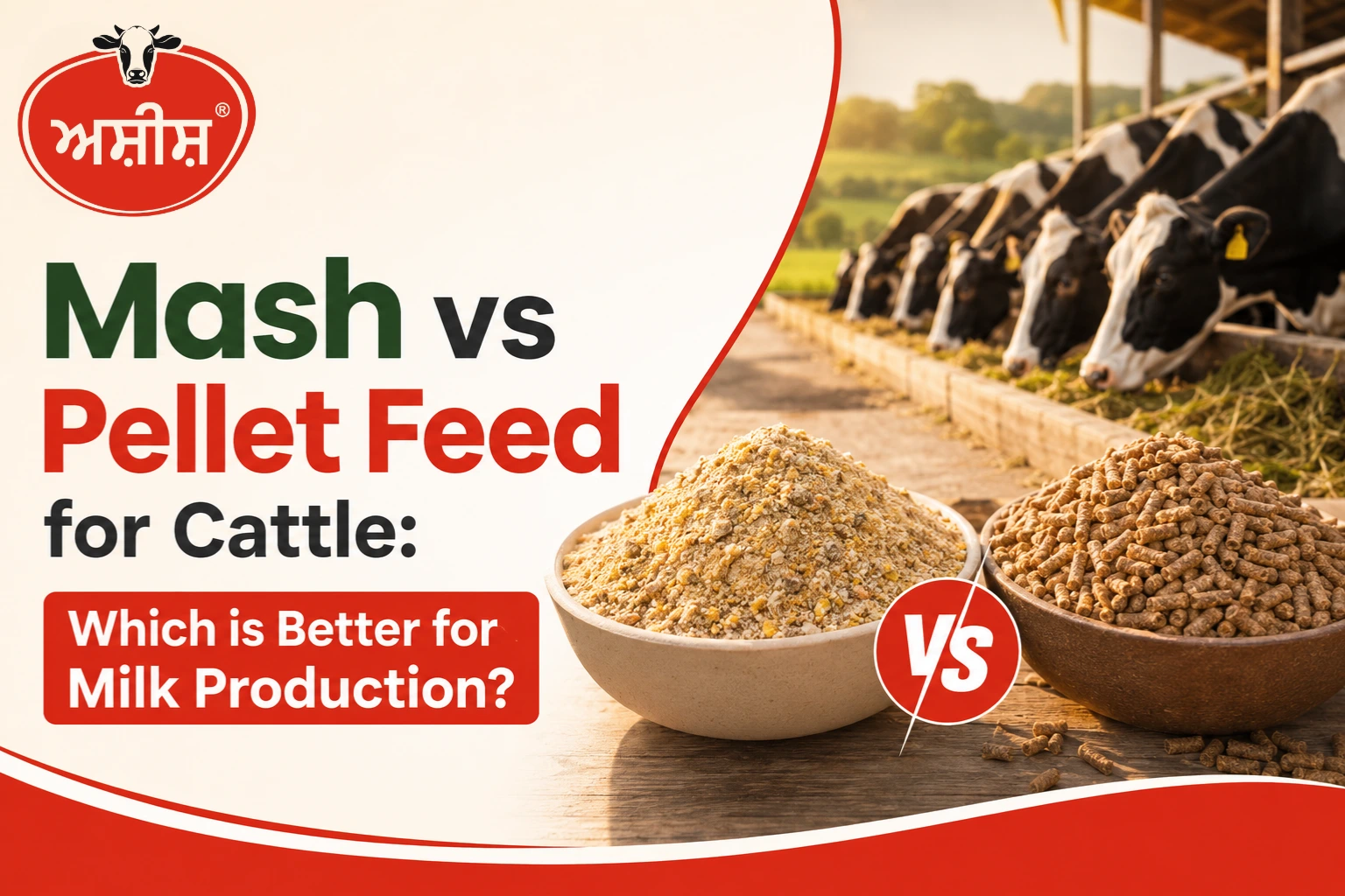 Mash vs pellet feed comparison for cattle showing different feed types used for improved nutrition and milk production