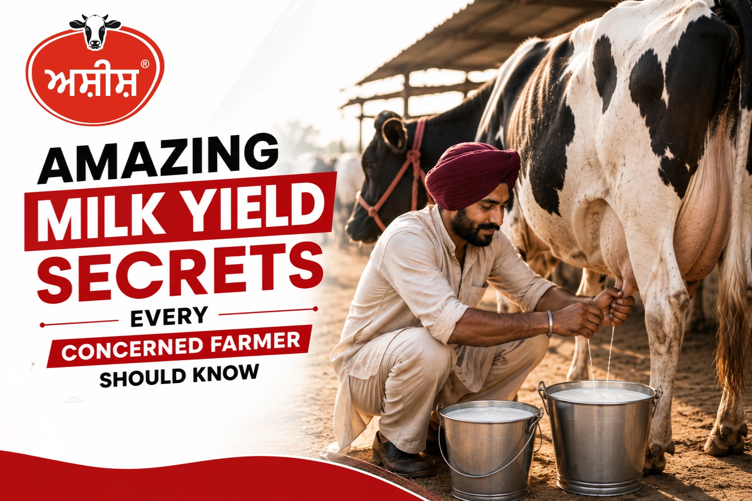 Higher Milk Production Secrets showing a Punjabi dairy farmer milking a healthy cow with Ashish Cattle Feed
